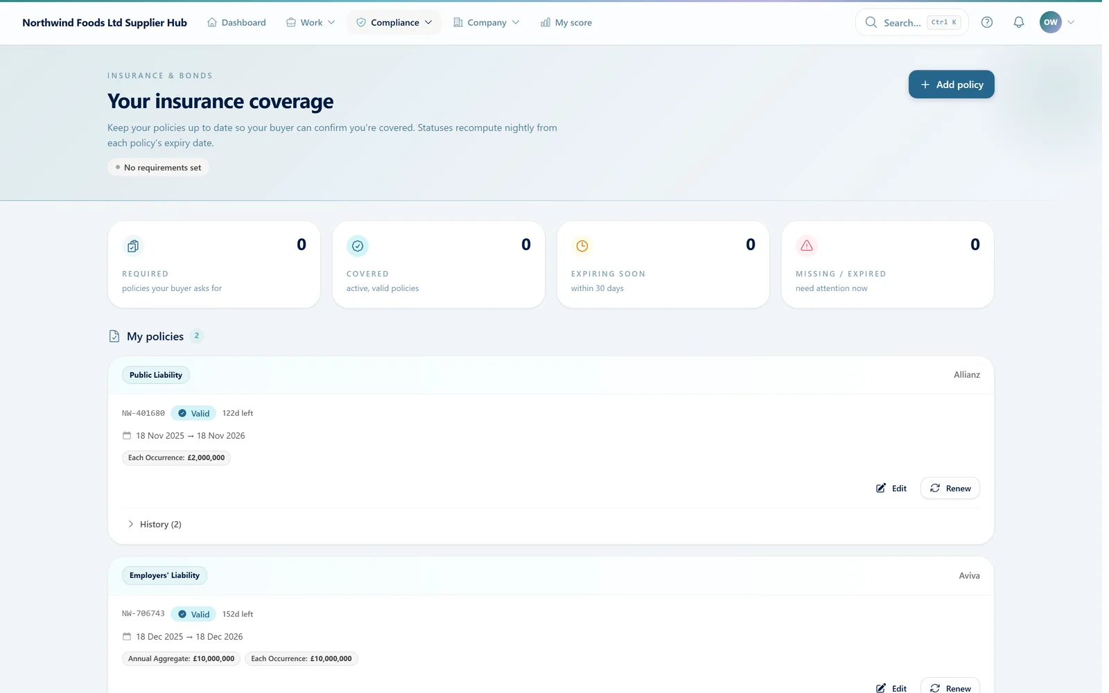 Supplier portal screenshot: insurance policies with expiry status and renewal chasing