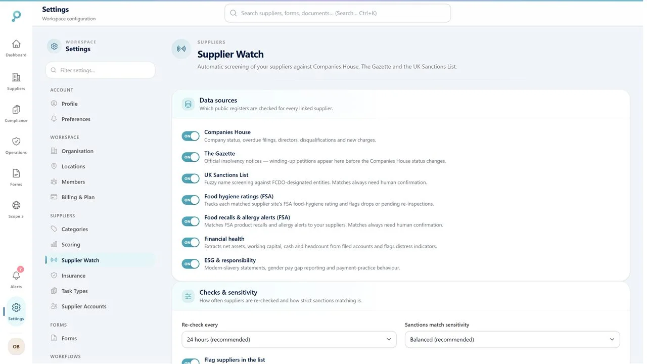 Supplier due diligence software settings: data sources including Companies House, The Gazette, UK Sanctions List, FSA hygiene ratings, food recalls, financial health and ESG registers